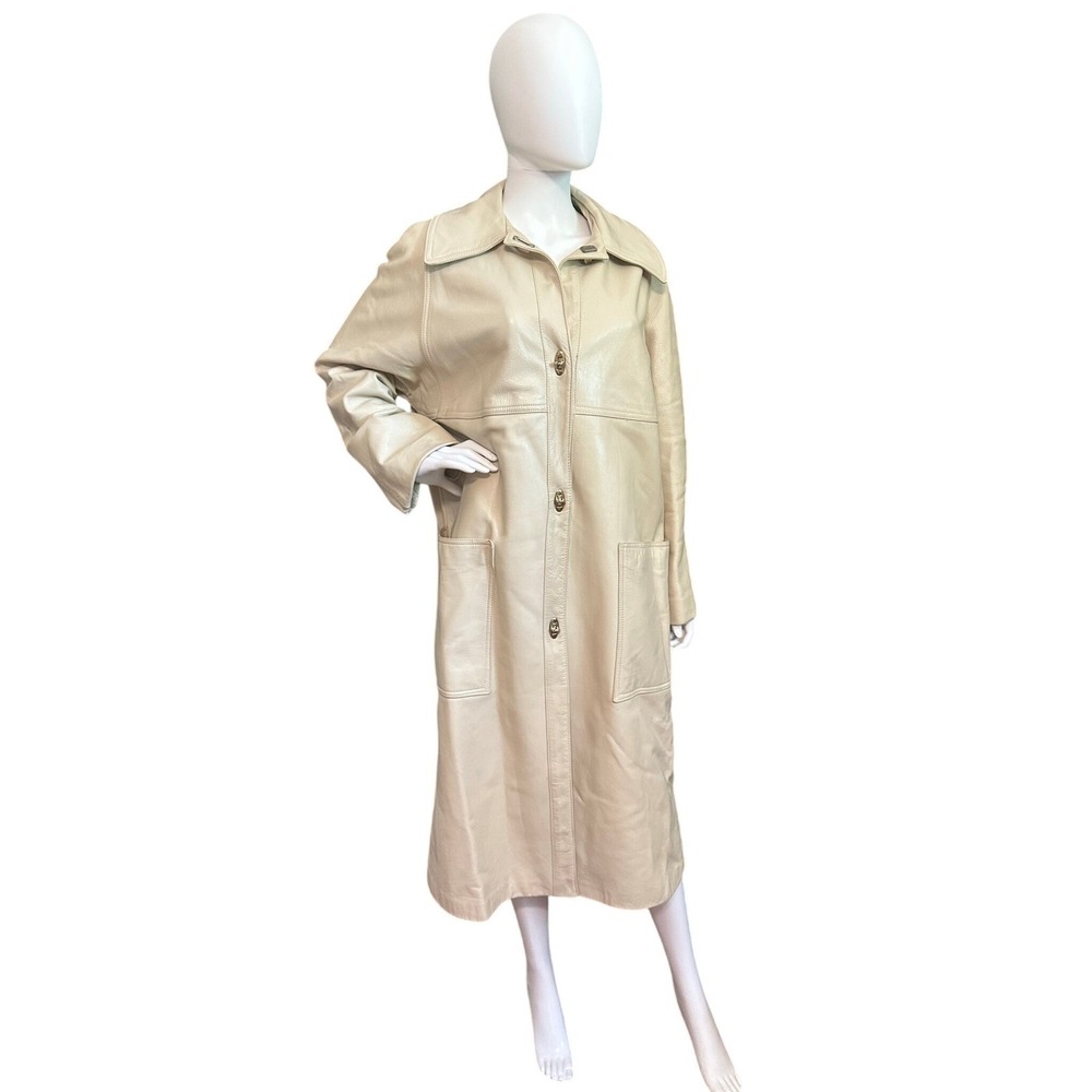 Arthur Norgaard Birch Creek Vintage Leather Trench Coat Womens Beige Long 70s